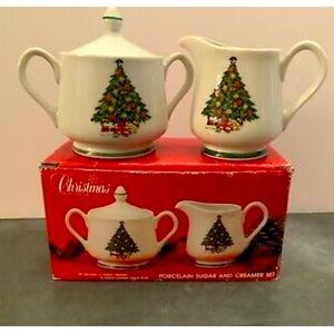 Vintage Mount Clemens Pottery Christmas Tree Creamer & Sugar with lid green edge